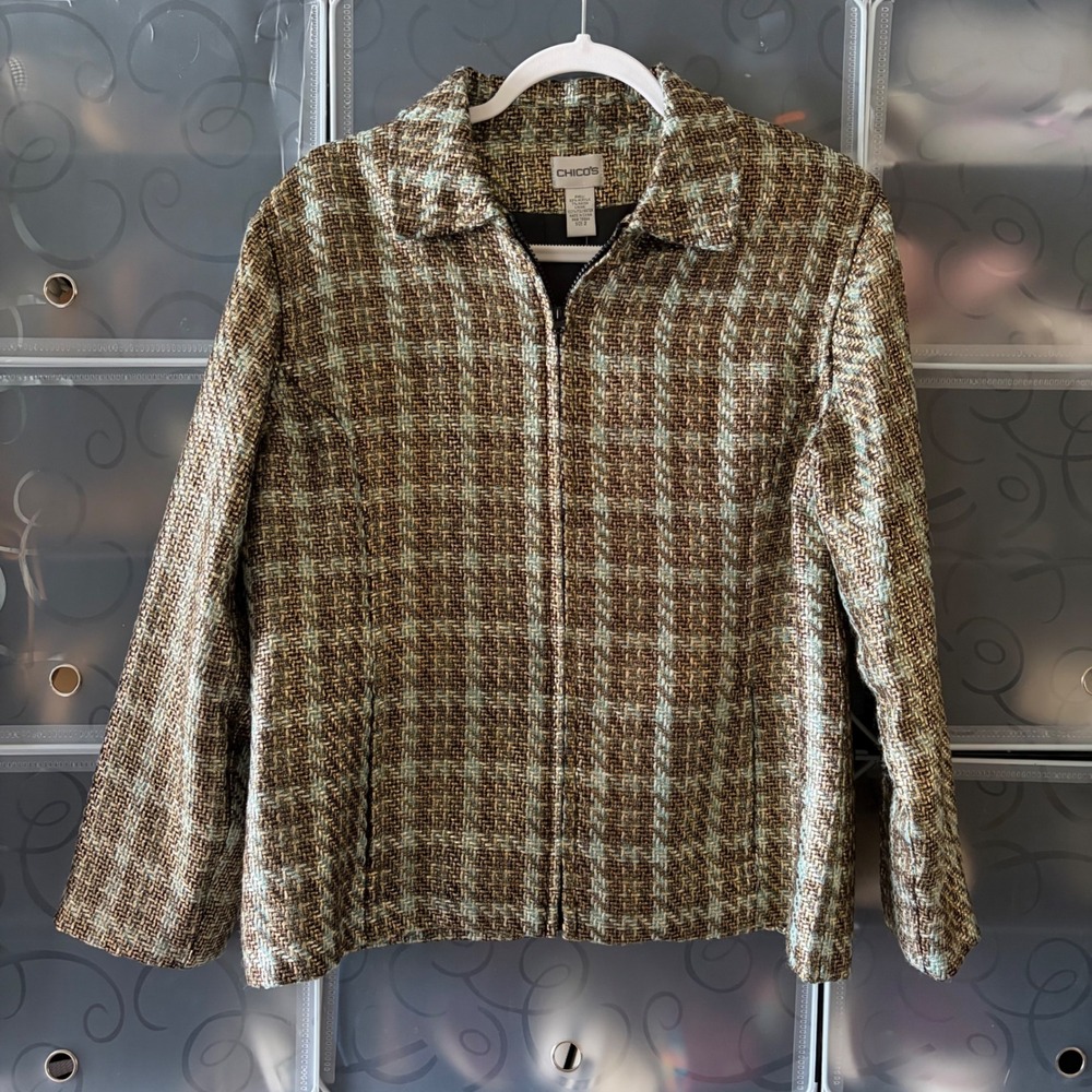 Chico's Foil Tweed Canberra Jacket Gold Metallic Plaid Full Zip Size 2 NWT